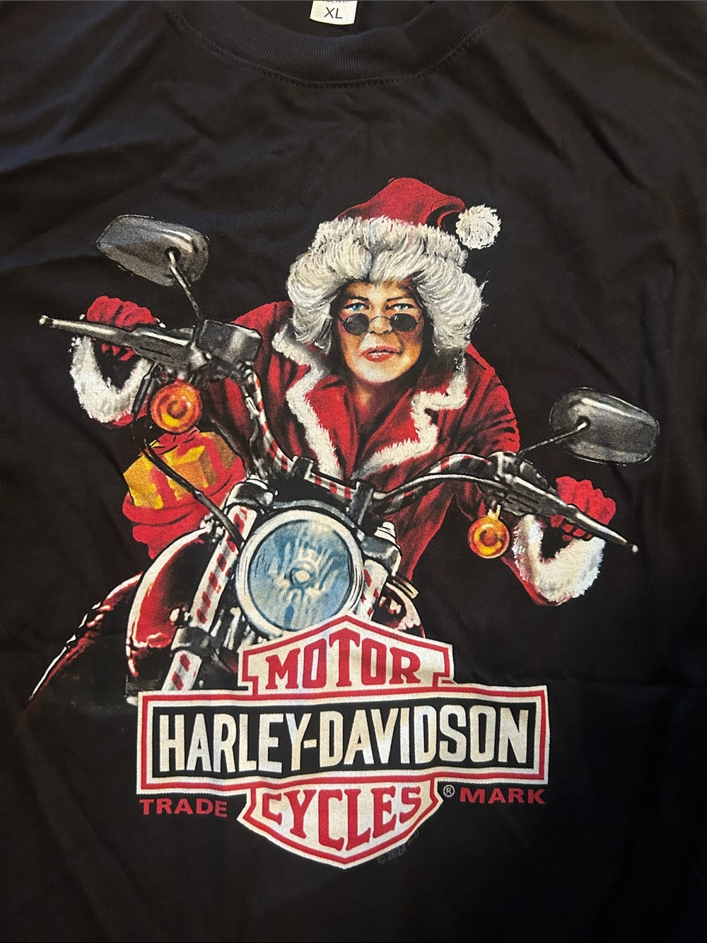 New Harley-Davidson Black Tee with Mrs Clause Rider Graphic